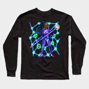 Black anime super hero girl from outer space with lights  ! beautiful  black girl with Afro hair, blue eyes, Cherry pink lips and dark brown skin. Hair love ! Long Sleeve T-Shirt